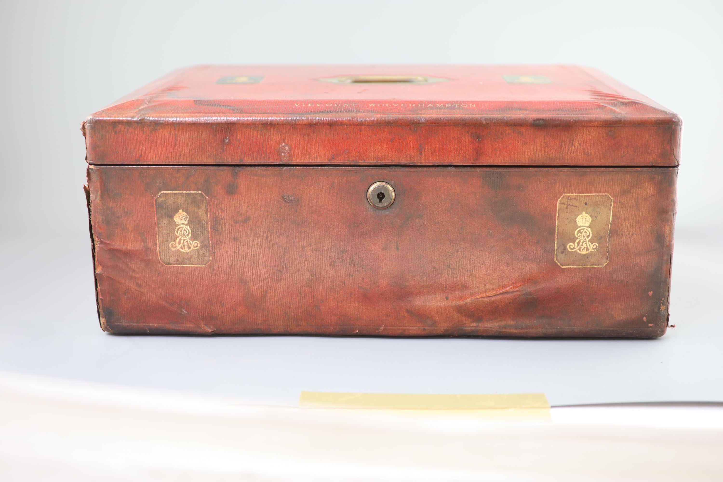 An Edwardian red morocco leather government dispatch box for Henry Hartley Fowler (1830-1911) 48 x 35cm, 20cm high.